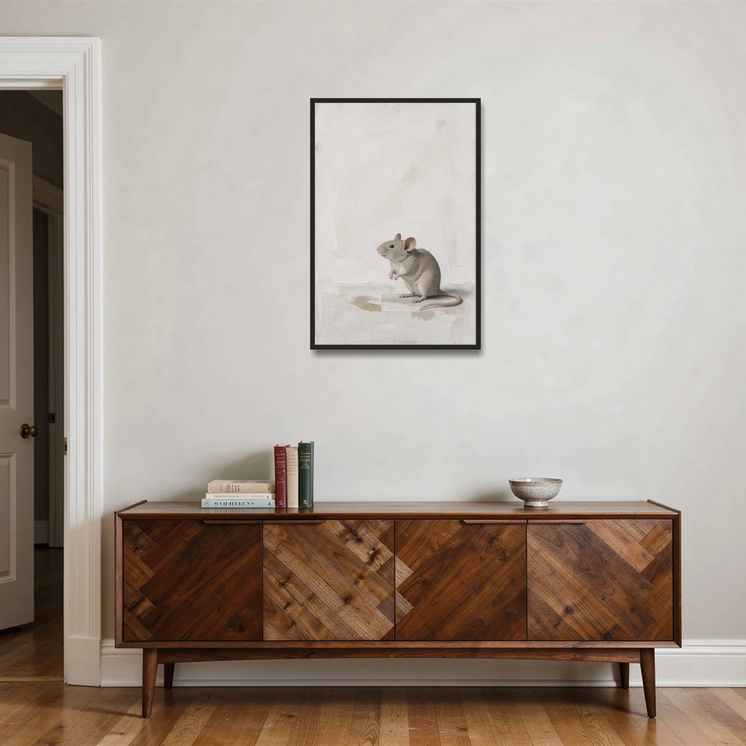 Wood Mouse Sitting Up for a Cream Nursery - Black Framed Canvas Wall Art - Coffee Table - 24x36