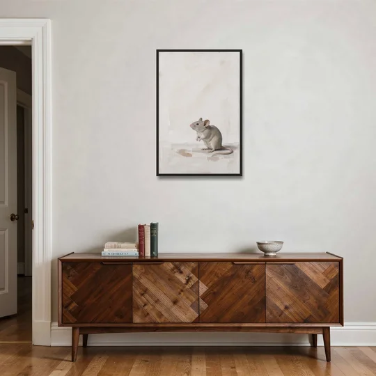 Wood Mouse Sitting Up for a Cream Nursery - Black Framed Canvas Wall Art - Coffee Table - 24x36