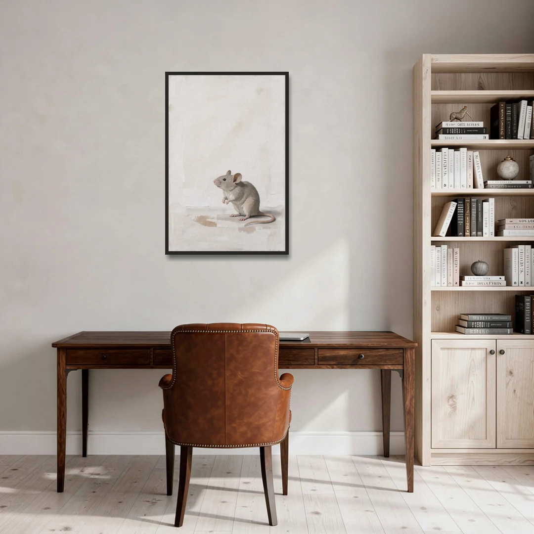Wood Mouse Sitting Up for a Cream Nursery - Black Framed Canvas Wall Art - Office - 24x36