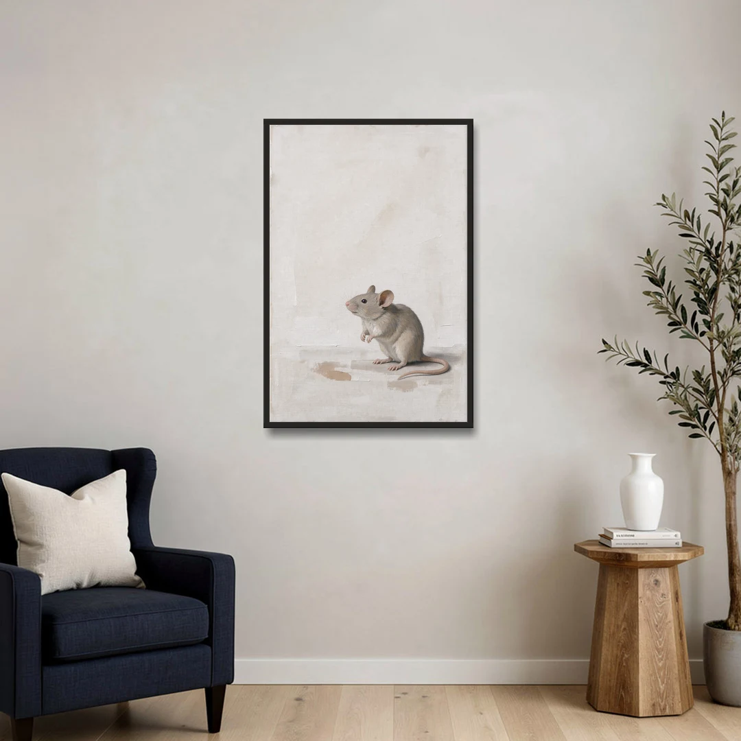 Wood Mouse Sitting Up for a Cream Nursery - Black Framed Canvas Wall Art - Sofa - 24x36