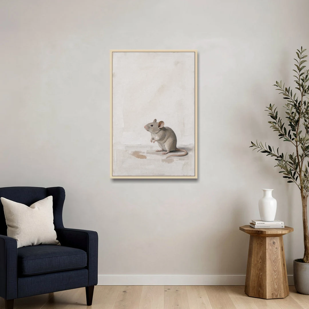 Wood Mouse Sitting Up for a Cream Nursery - Oak Framed Canvas Wall Art - Sofa - 24x36