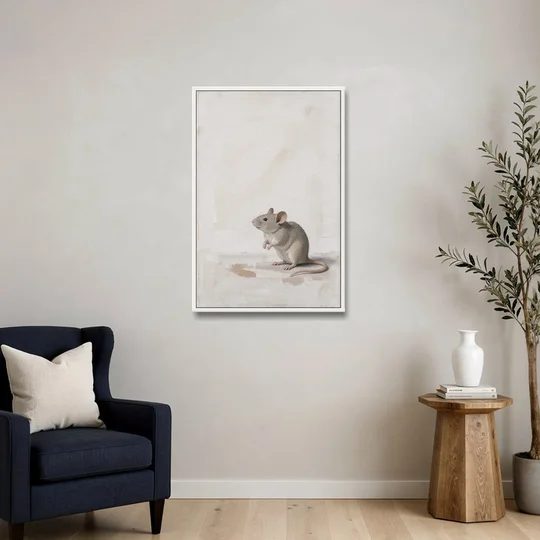 Wood Mouse Sitting Up for a Cream Nursery - White Framed Canvas Wall Art - Sofa - 24x36
