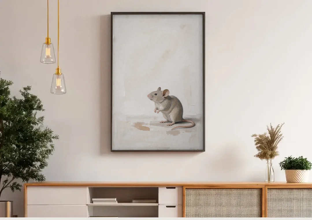 Wood Mouse Sitting Up for a Cream Nursery canvas wall art above a wooden sideboard under pendant lights