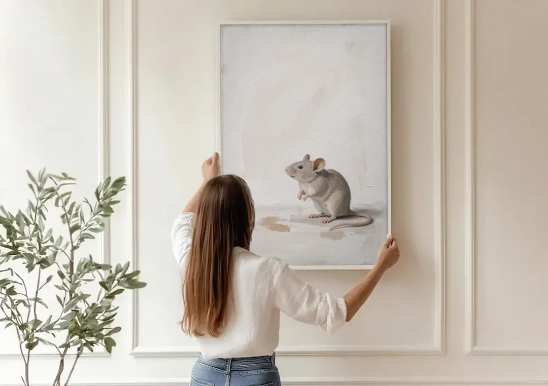 Wood Mouse Sitting Up for a Cream Nursery canvas wall art being hung on a paneled wall