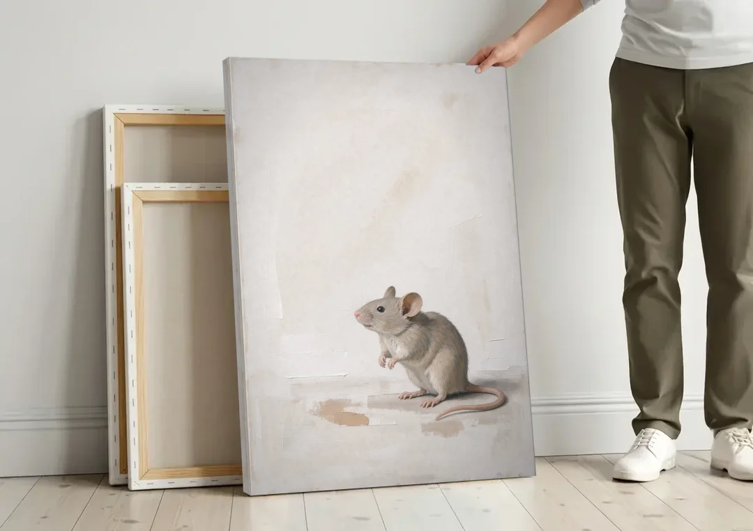 Wood Mouse Sitting Up for a Cream Nursery canvas wall art leaning against a wall next to blank canvases