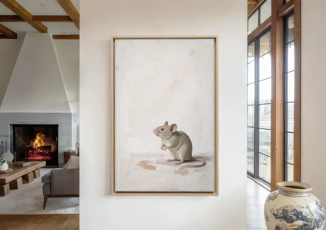 Wood Mouse Sitting Up for a Cream Nursery canvas wall art in a living room with a fireplace