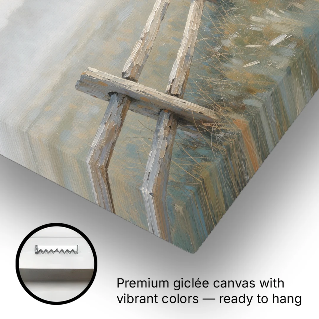 Wooden Fence Painting Through the Morning Mist - Canvas Wall Art - Gallery Wrap Corner