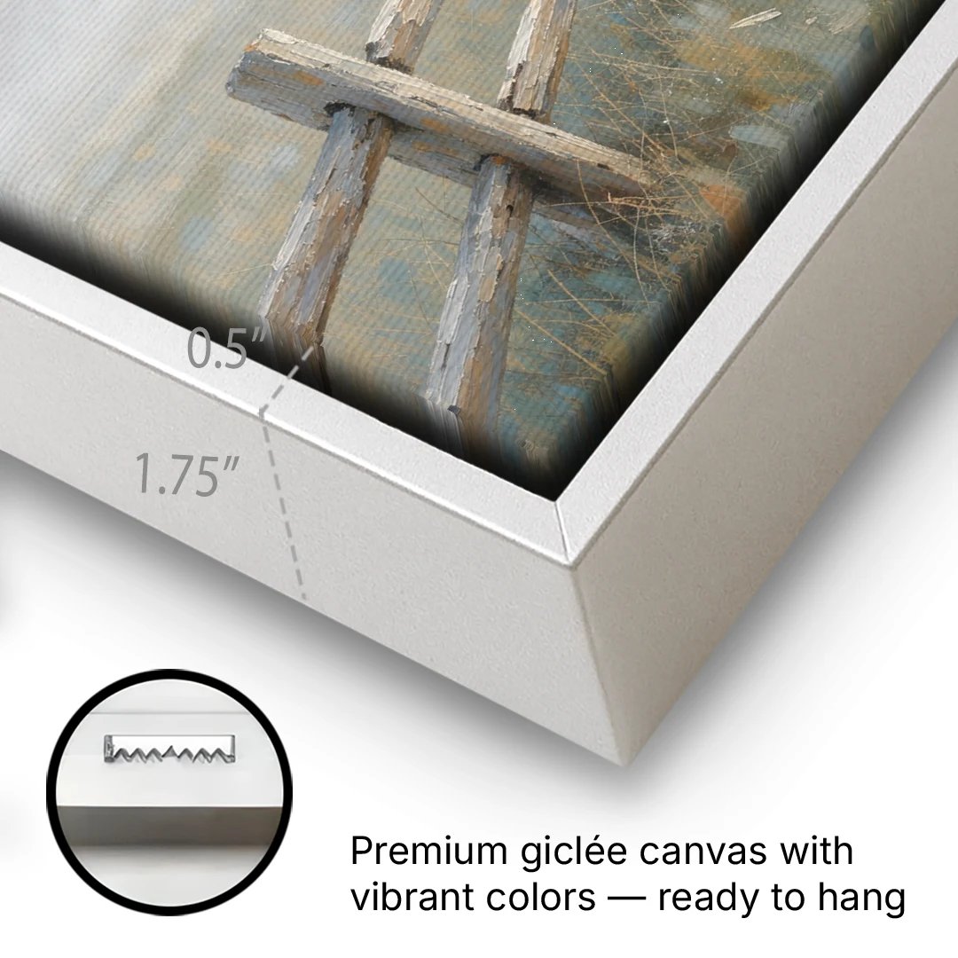 Wooden Fence Painting Through the Morning Mist - White Framed Canvas Wall Art - Gallery Wrap Corner