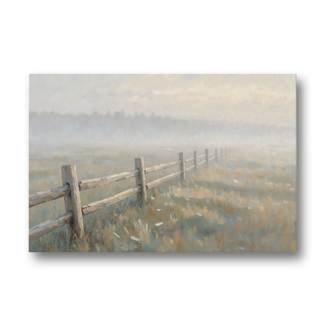 Wooden Fence Painting Through the Morning Mist - Canvas Wall Art - Front