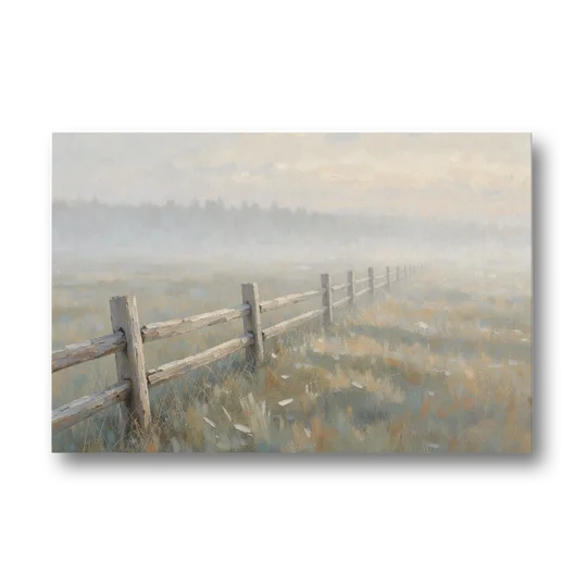 Wooden Fence Painting Through the Morning Mist - Canvas Wall Art - Front