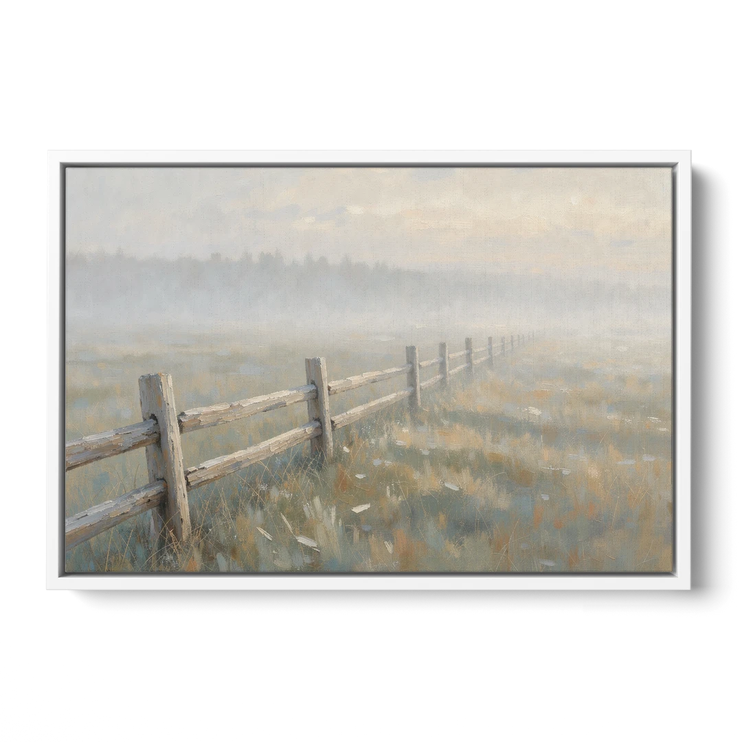 Wooden Fence Painting Through the Morning Mist - White Framed Canvas Wall Art - Front