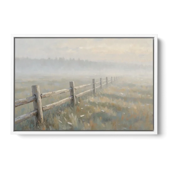 Wooden Fence Painting Through the Morning Mist - White Framed Canvas Wall Art - Front