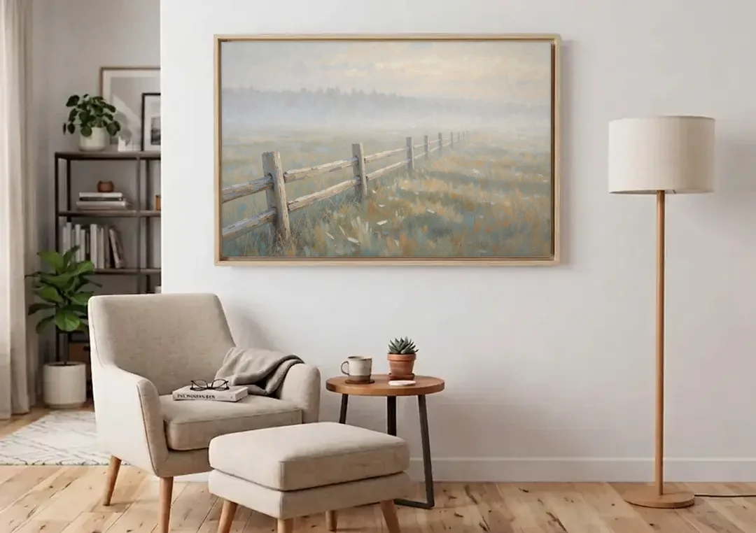Wooden Fence Painting Through the Morning Mist canvas wall art above an armchair in a bright living room