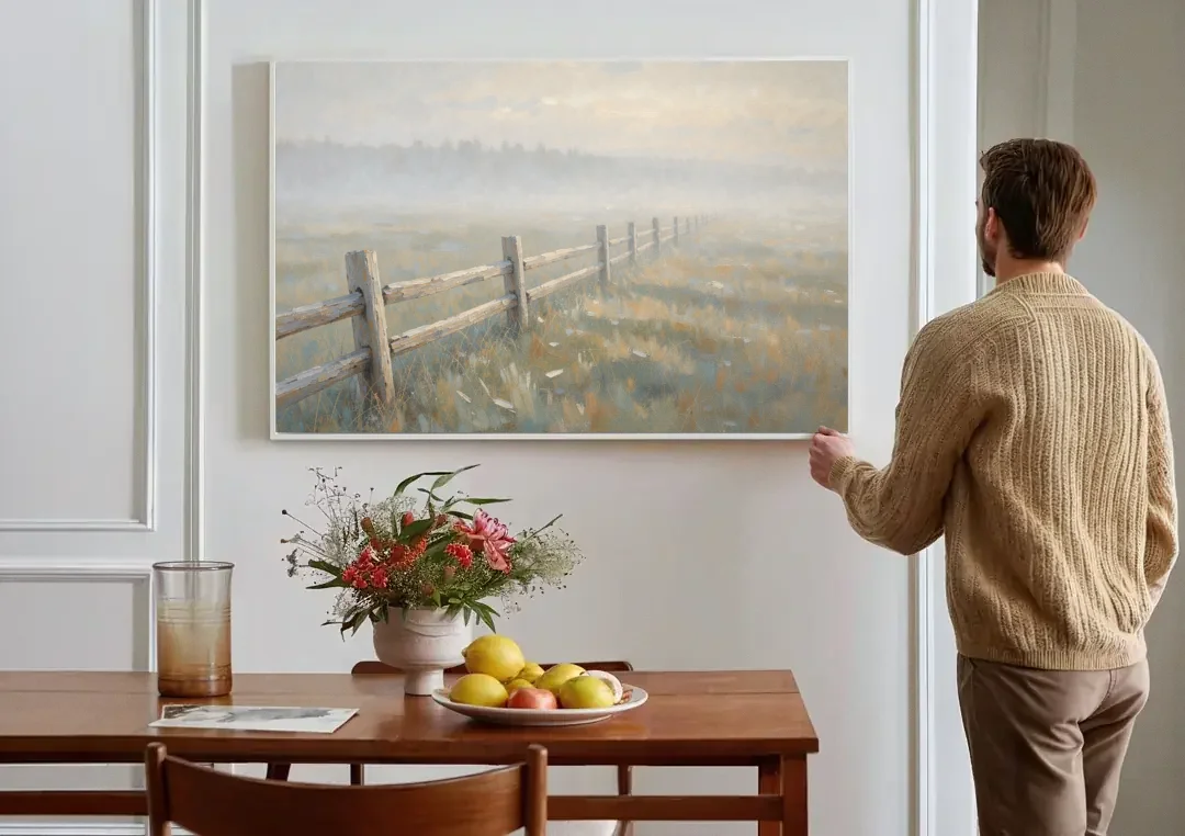 Wooden Fence Painting Through the Morning Mist canvas wall art above a dining table