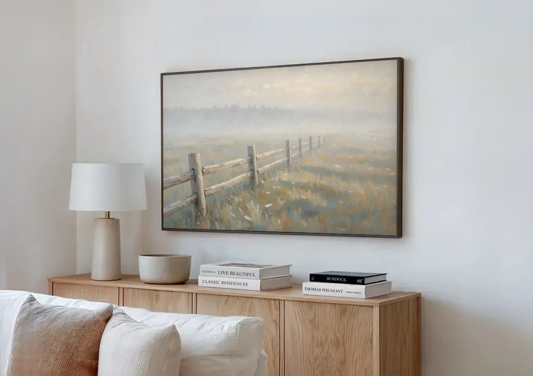 Wooden Fence Painting Through the Morning Mist canvas wall art above a wooden sideboard next to a sofa