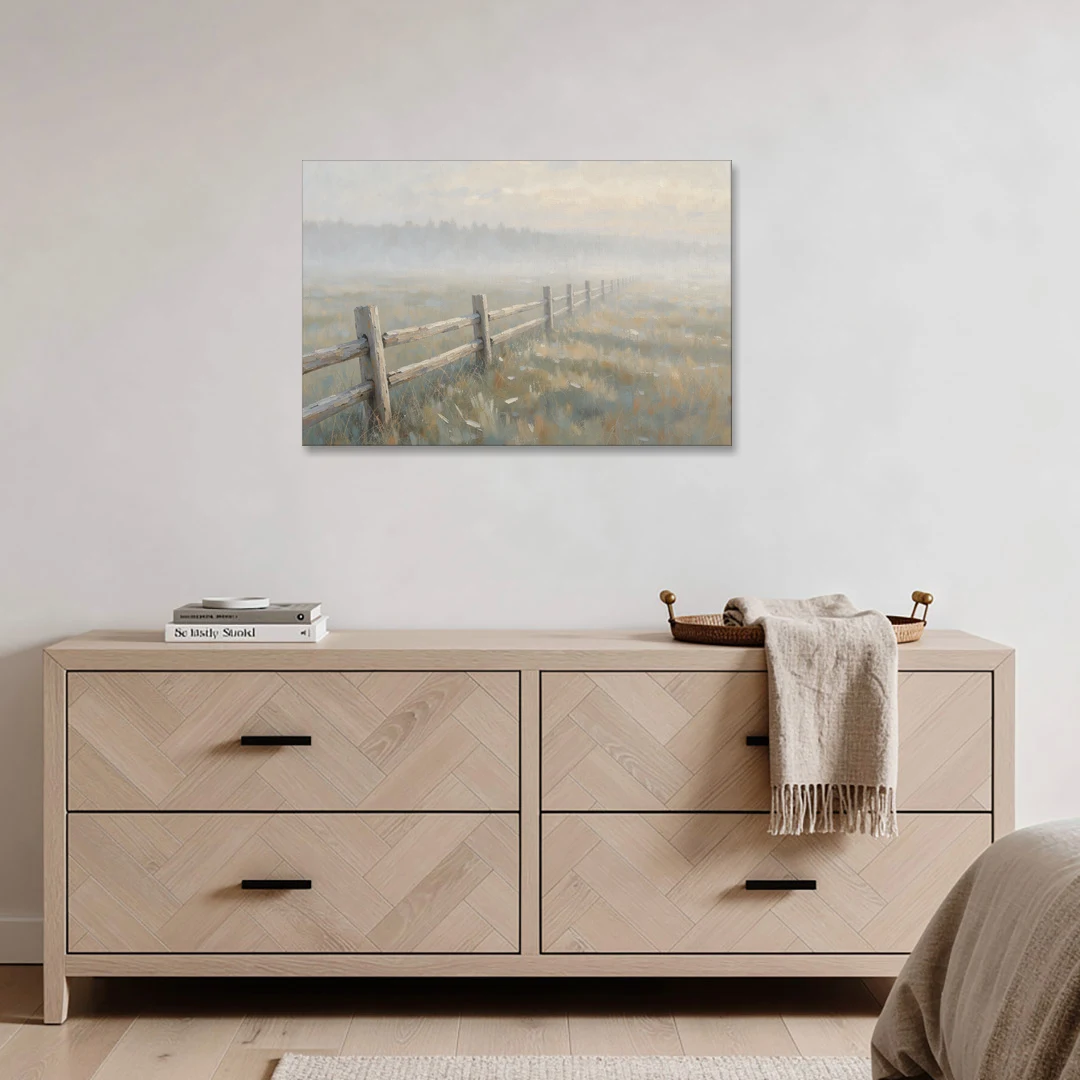 Wooden Fence Painting Through the Morning Mist - Canvas Wall Art - Coffee Table - 36x24