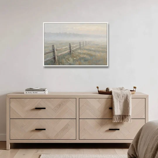 Wooden Fence Painting Through the Morning Mist - White Framed Canvas Wall Art - Coffee Table - 36x24