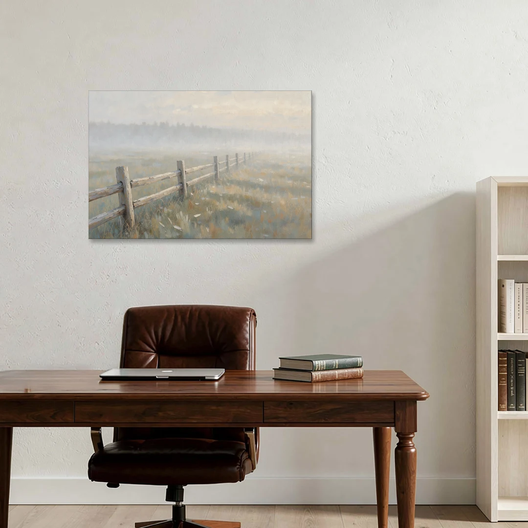 Wooden Fence Painting Through the Morning Mist - Canvas Wall Art - Office - 36x24