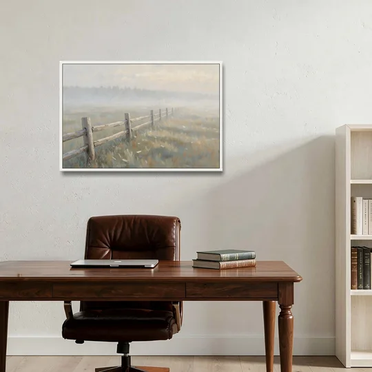 Wooden Fence Painting Through the Morning Mist - White Framed Canvas Wall Art - Office - 36x24