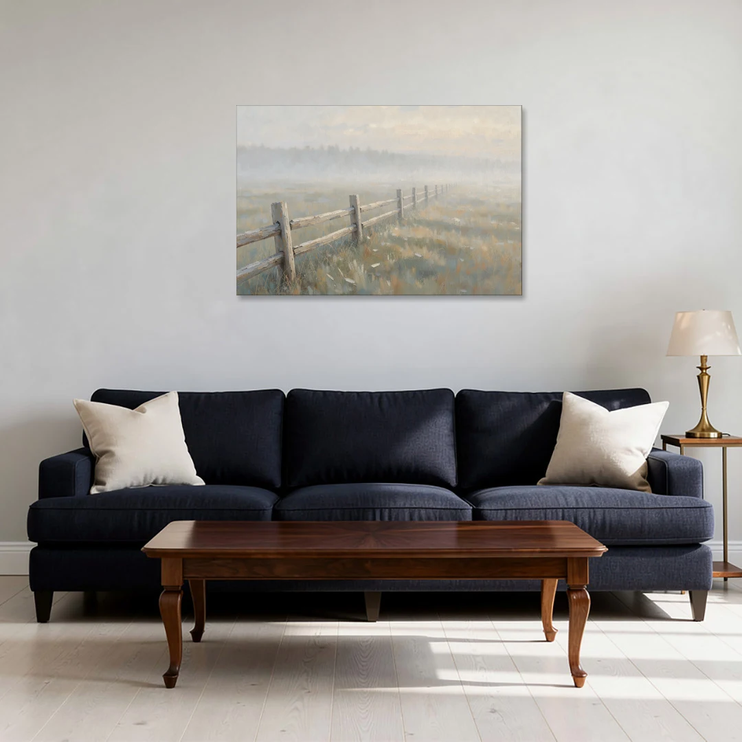 Wooden Fence Painting Through the Morning Mist - Canvas Wall Art - Sofa - 36x24