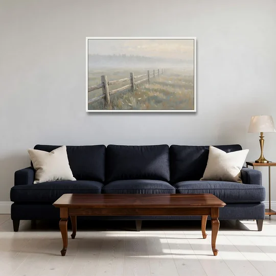 Wooden Fence Painting Through the Morning Mist - White Framed Canvas Wall Art - Sofa - 36x24