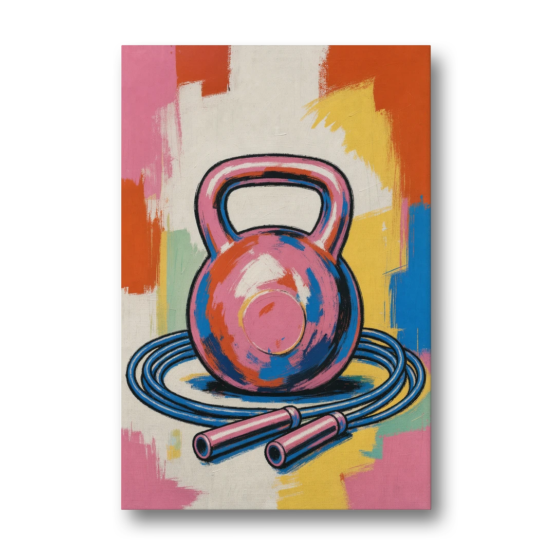 Workout Room Decor Pink Kettlebell and Jump Rope - Canvas Wall Art - Front