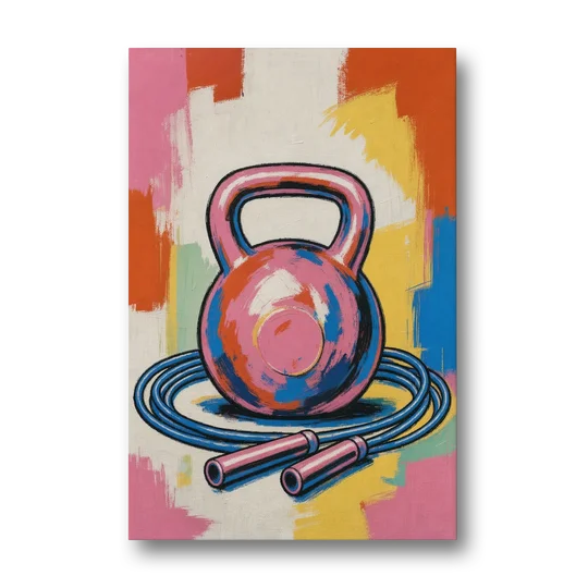 Workout Room Decor Pink Kettlebell and Jump Rope - Canvas Wall Art - Front