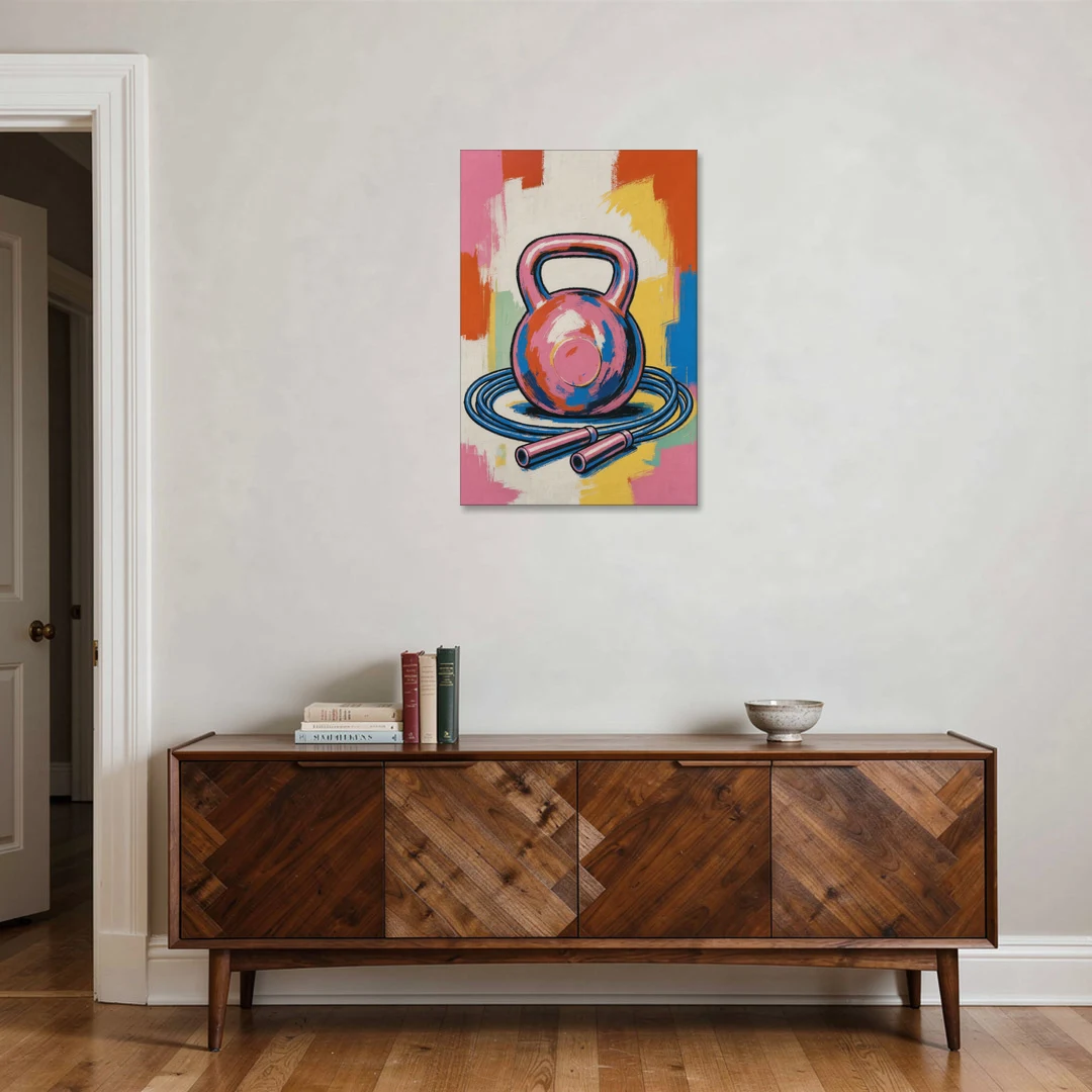 Workout Room Decor Pink Kettlebell and Jump Rope - Canvas Wall Art - Coffee Table - 24x36