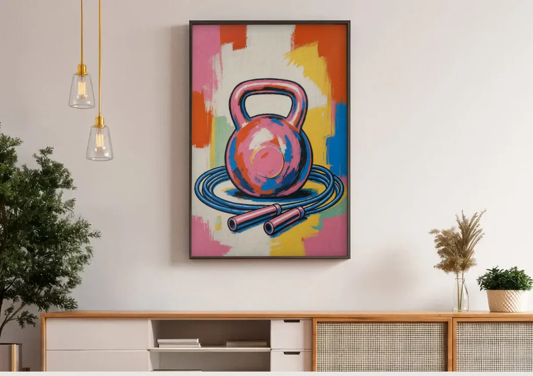 Workout Room Decor Pink Kettlebell and Jump Rope canvas wall art above a wooden sideboard under pendant lights