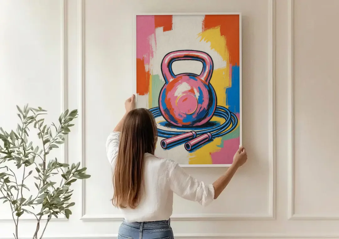 Workout Room Decor Pink Kettlebell and Jump Rope canvas wall art being hung on a paneled wall
