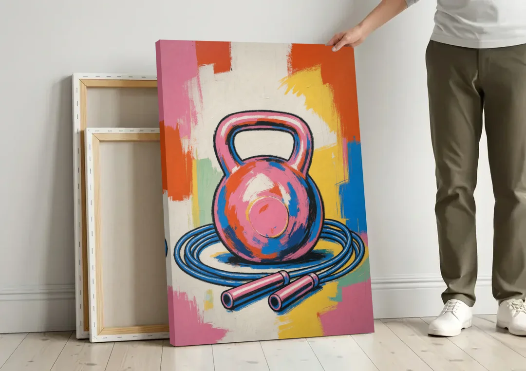 Workout Room Decor Pink Kettlebell and Jump Rope canvas wall art leaning against a wall next to blank canvases