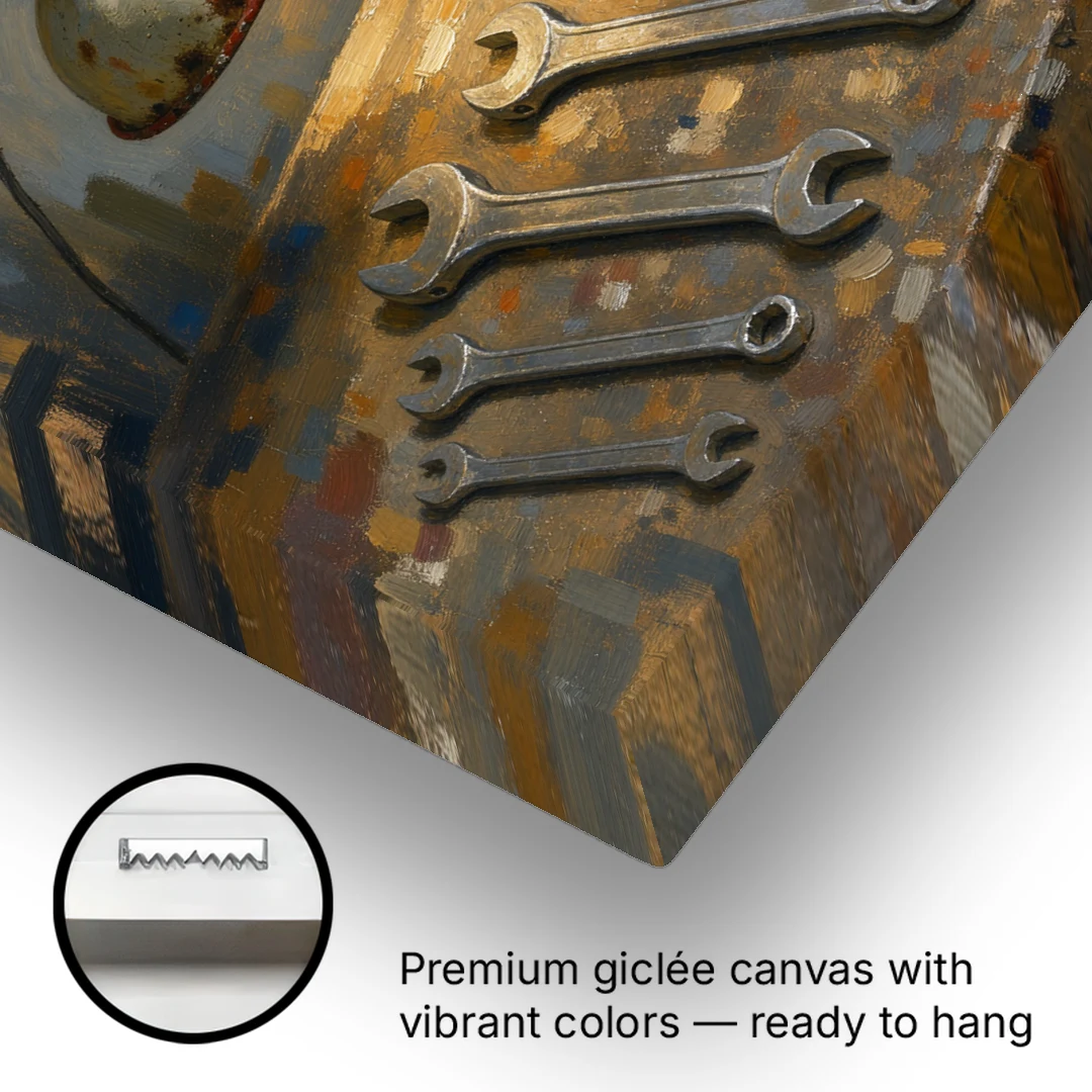 Wrenches, Pliers and Claw Hammer Under the Shop Lamp - Canvas Wall Art - Gallery Wrap Corner