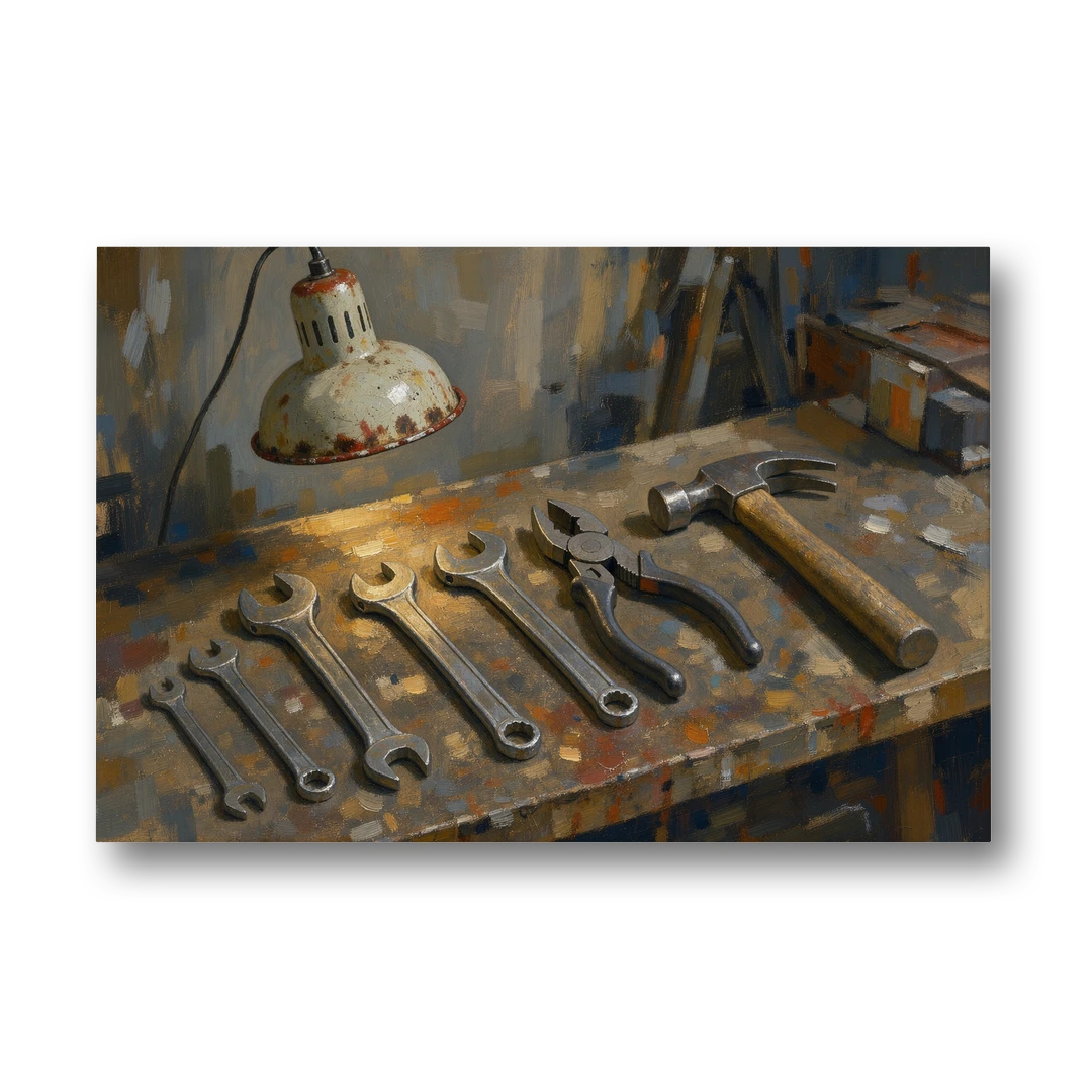 Wrenches, Pliers and Claw Hammer Under the Shop Lamp - Canvas Wall Art - Front