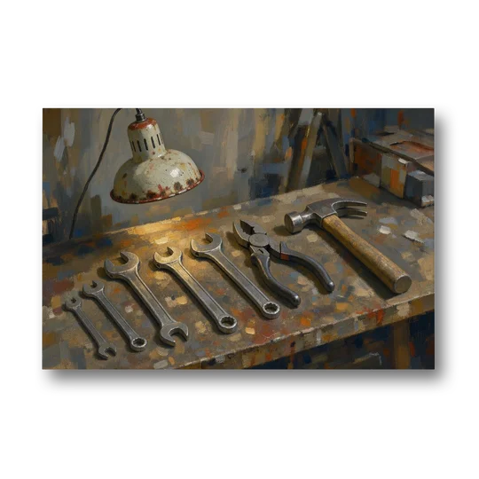 Wrenches, Pliers and Claw Hammer Under the Shop Lamp - Canvas Wall Art - Front