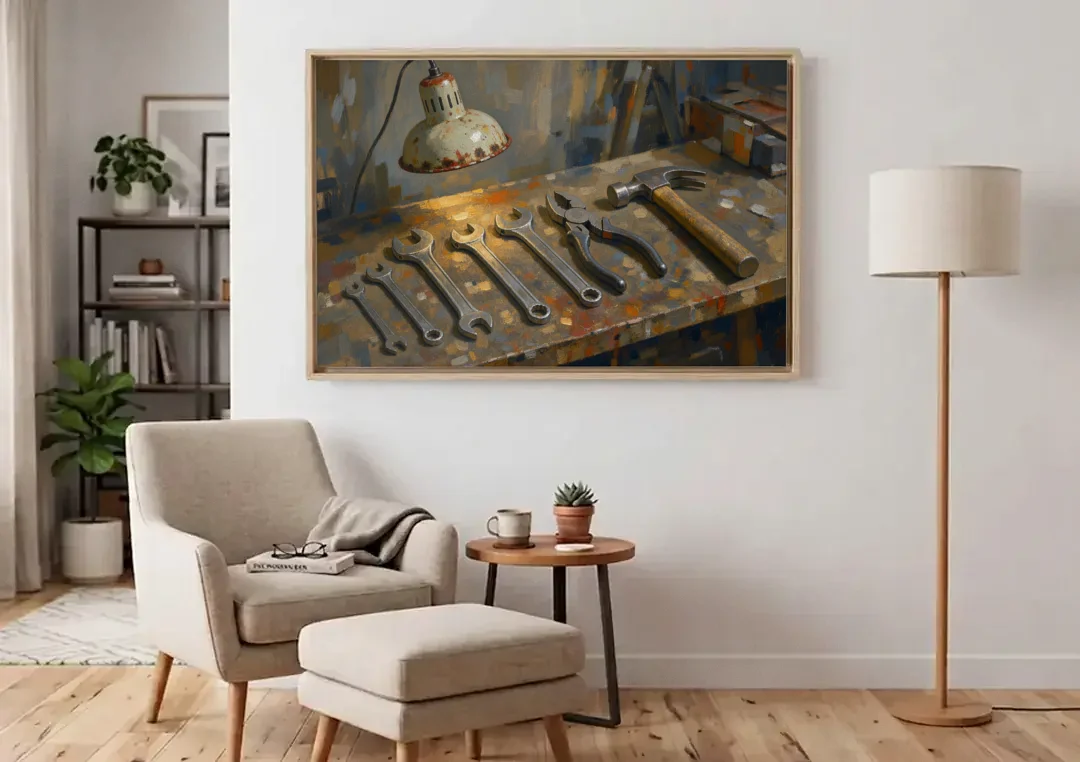 Wrenches, Pliers and Claw Hammer Under the Shop Lamp canvas wall art above an armchair in a bright living room
