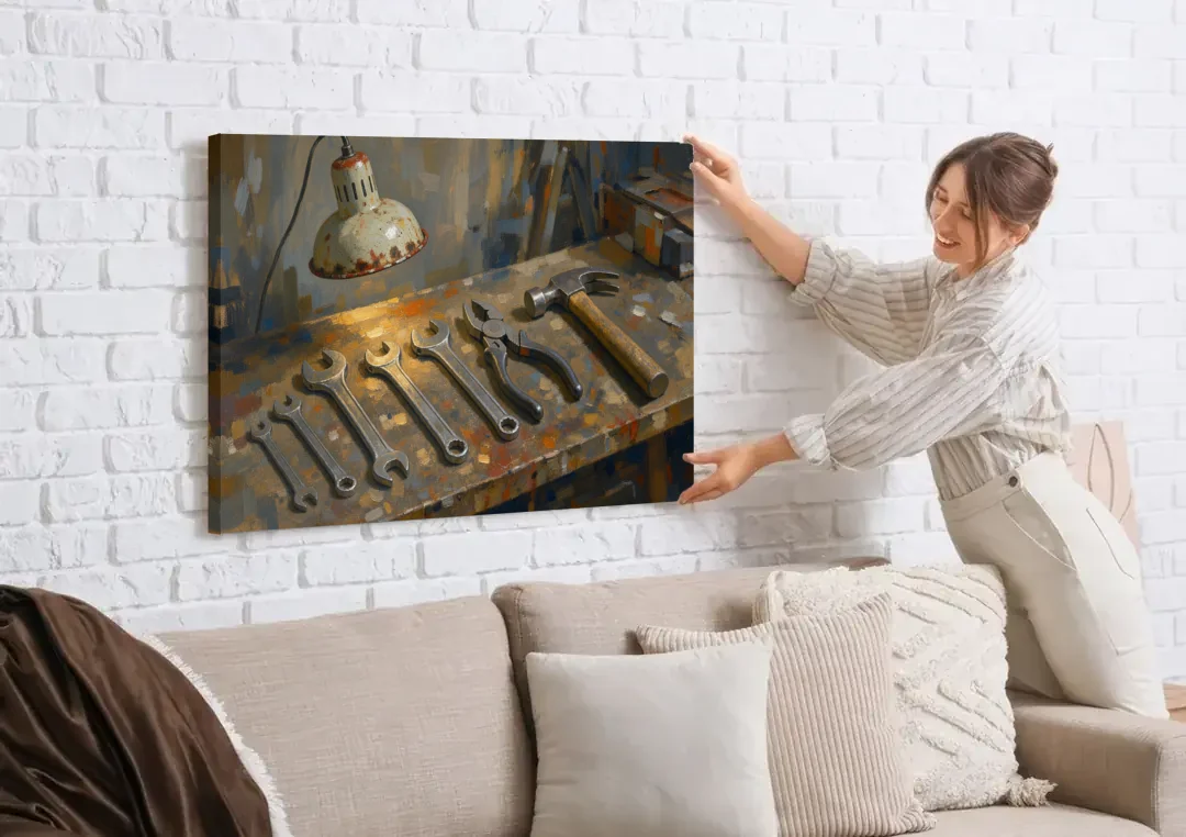 Wrenches, Pliers and Claw Hammer Under the Shop Lamp canvas wall art being hung on a white brick wall above a sofa