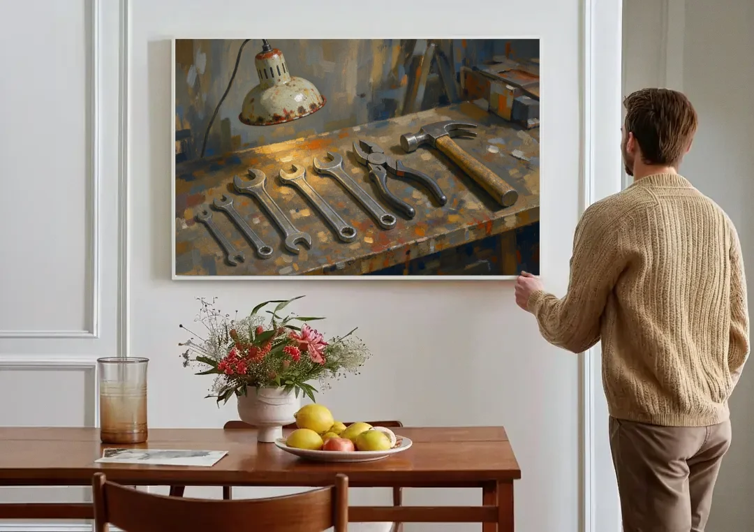 Wrenches, Pliers and Claw Hammer Under the Shop Lamp canvas wall art above a dining table