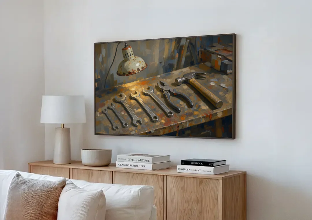 Wrenches, Pliers and Claw Hammer Under the Shop Lamp canvas wall art above a wooden sideboard next to a sofa