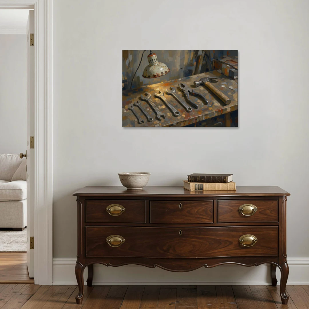 Wrenches, Pliers and Claw Hammer Under the Shop Lamp - Canvas Wall Art - Coffee Table - 36x24
