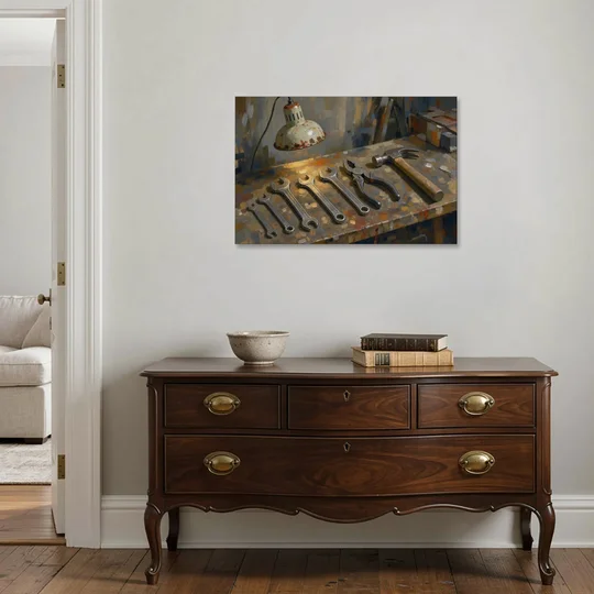 Wrenches, Pliers and Claw Hammer Under the Shop Lamp - Canvas Wall Art - Coffee Table - 36x24