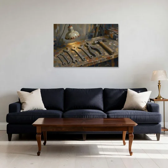 Wrenches, Pliers and Claw Hammer Under the Shop Lamp - Canvas Wall Art - Sofa - 36x24