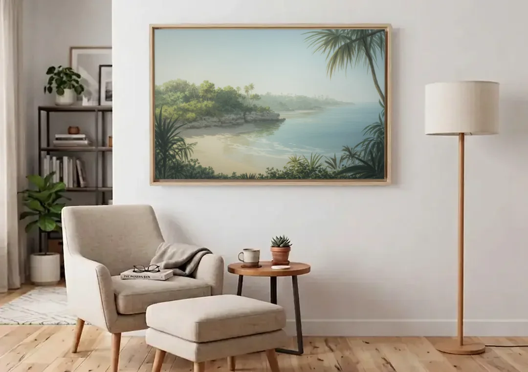 Xcaret Shoreline canvas wall art above an armchair in a bright living room