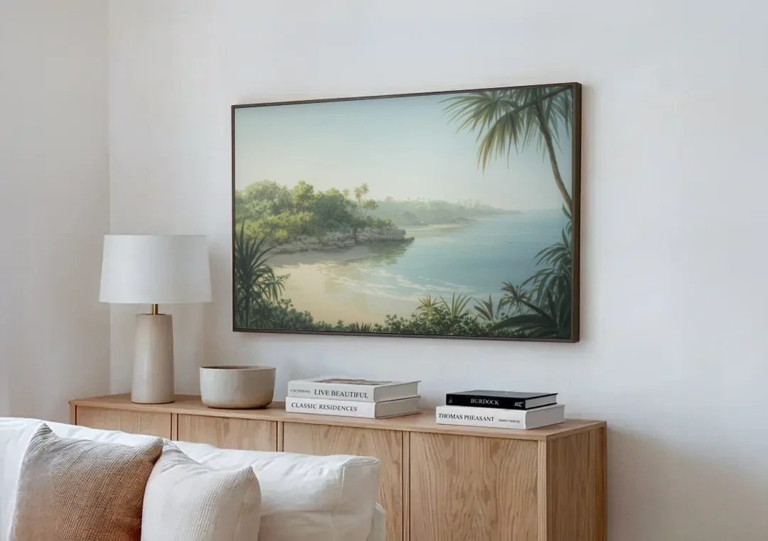 Xcaret Shoreline canvas wall art above a wooden sideboard next to a sofa