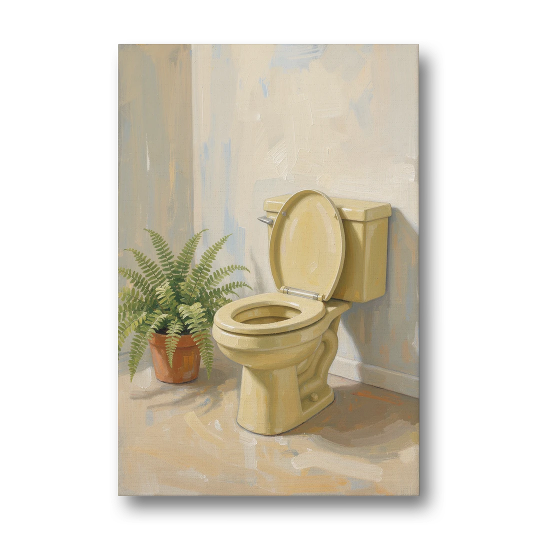 Yellow Bathroom Wall Art with a Potted Fern - Canvas Wall Art - Front