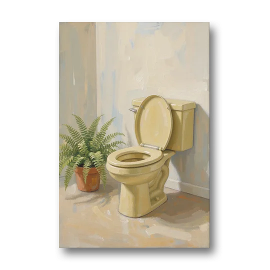 Yellow Bathroom Wall Art with a Potted Fern - Canvas Wall Art - Front