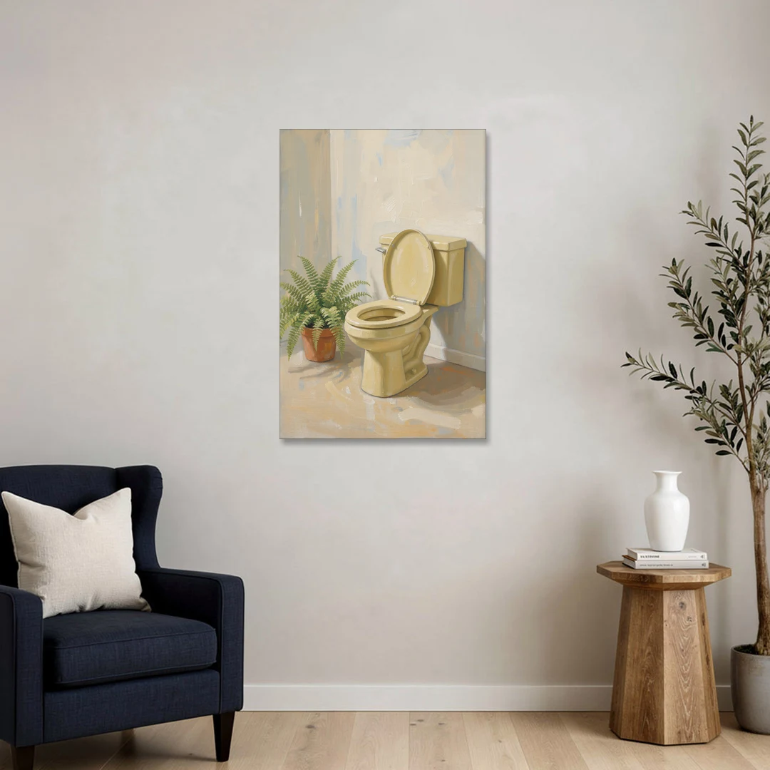 Yellow Bathroom Wall Art with a Potted Fern - Canvas Wall Art - Sofa - 24x36