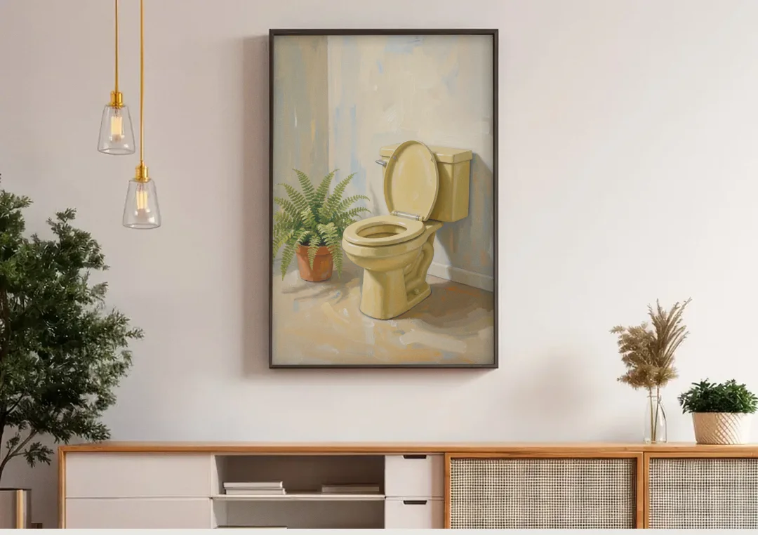 Yellow Bathroom Wall Art with a Potted Fern canvas wall art above a wooden sideboard under pendant lights