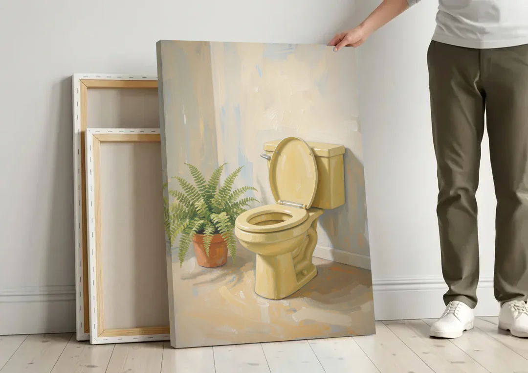 Yellow Bathroom Wall Art with a Potted Fern canvas wall art leaning against a wall next to blank canvases
