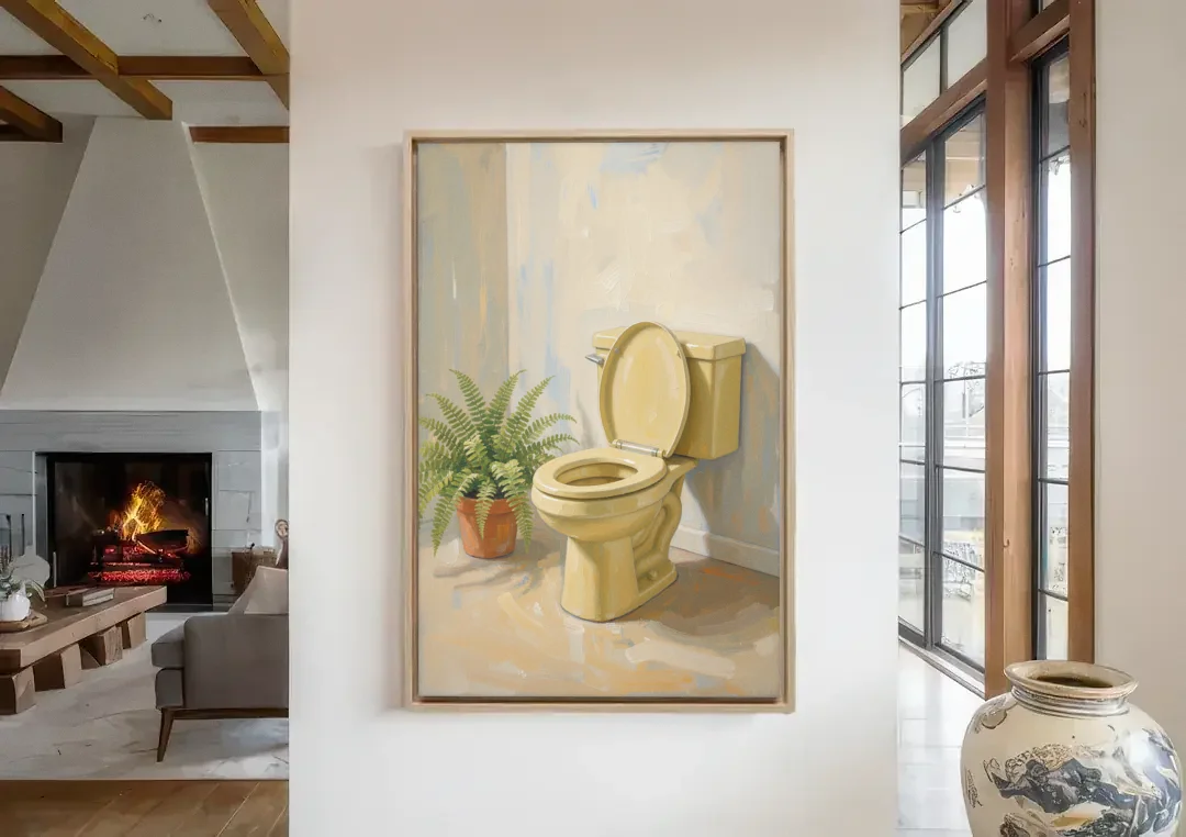 Yellow Bathroom Wall Art with a Potted Fern canvas wall art in a living room with a fireplace