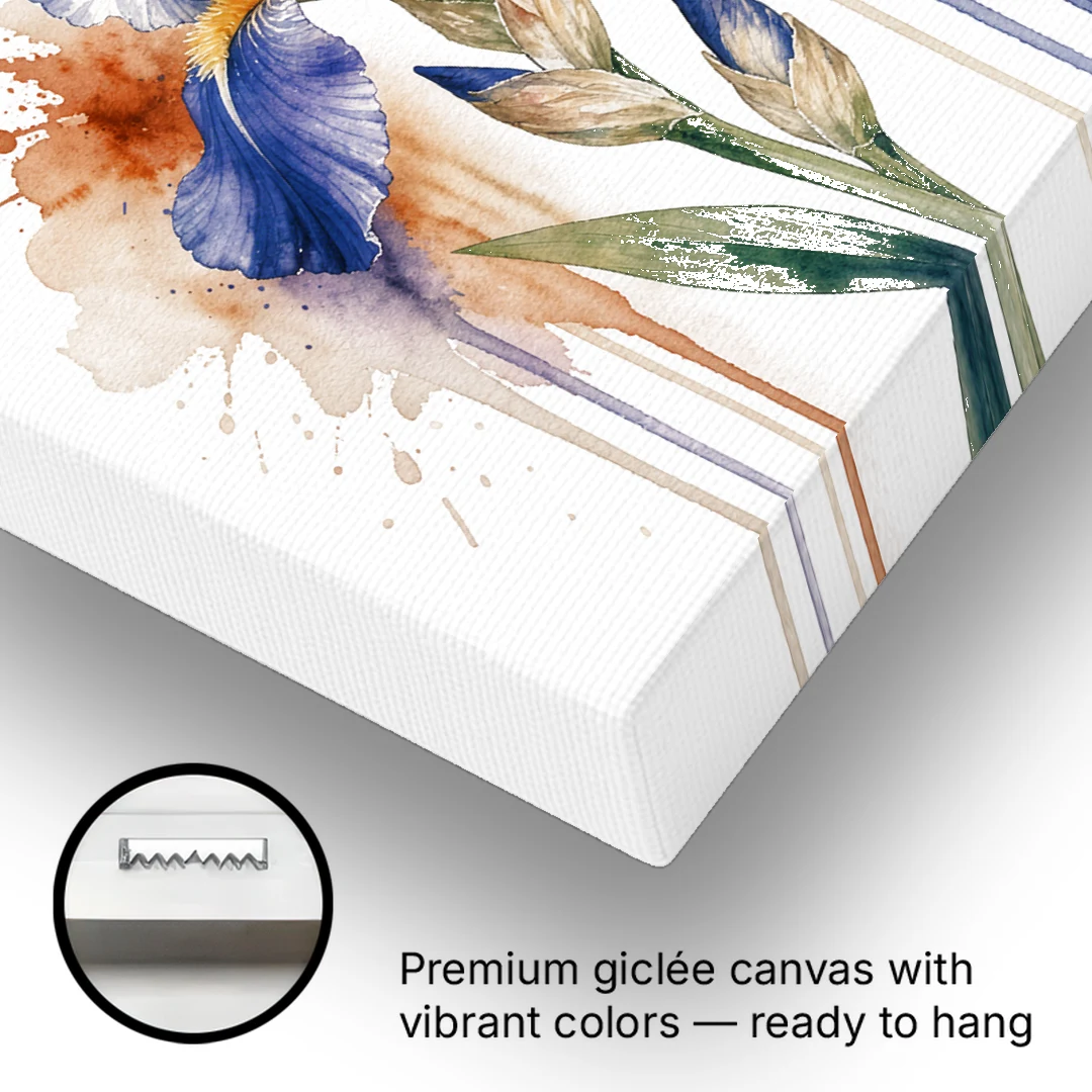 Yellow Butterfly Wall Art with Blue Flag Iris - Canvas Wall Art - Gallery Wrap Corner
